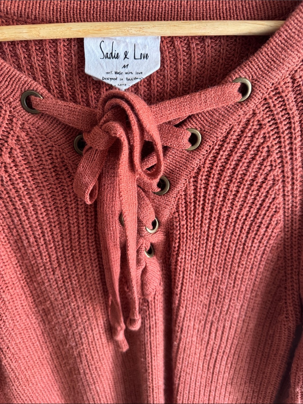 Marine Layer Lace-Up Ribbed Crewneck Sweater - Rust - Picture 2 of 6